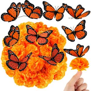 66pcs Marigold Flowers Heads with Monarch Butterfly Decorations, Marigold Garland for Wedding Party Day of The Dead Halloween Diwali Decorations