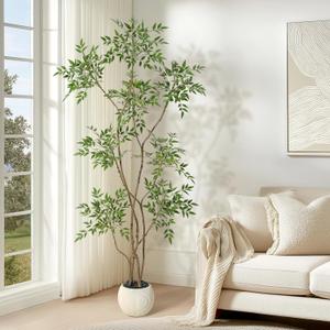 GarveeHome Artificial Plants Indoor,6 ft Tall Faux Floor Plant in Pot, Nandina Artificial Tree with White Planter for Home Decor Office Living Room (Green)