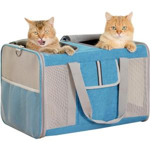 Large Cat Carrier for 2 Cats, 21.7x 13.8x 13.8in Pet Carrier for Cat and Dog Up to 38lbs, All-Sided Mesh Cat Carrier with Great Ventilation, Portable Soft Sided Pet Carrier for Traveling(Blue)