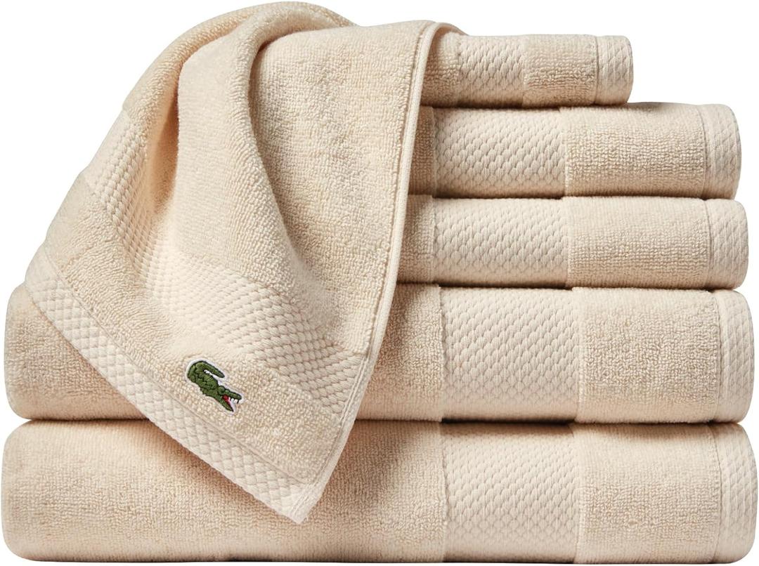 Lacoste Heritage Anti-Microbial Supima Cotton 6-Piece Towel Set, 2 Bath Towels, 2 Hand Towels, 2 Washcloths, Chalk Highly Absorbent & Quick Drying, Bathroom Essential, Machine Washable