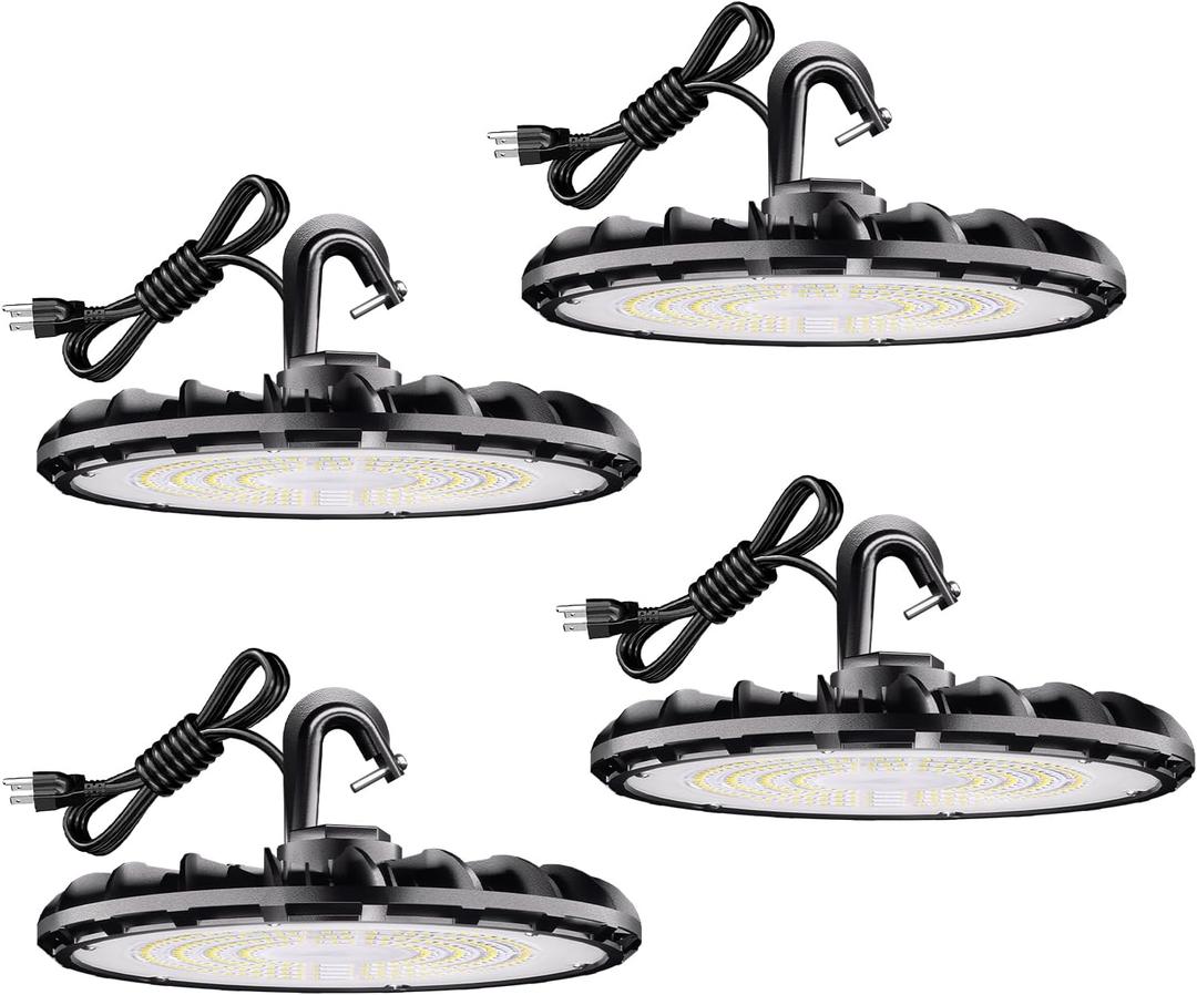 100W UFO LED High Bay Light, UL Listed Commercial Bay Lighting, 5000K Daylight High Bay Led Shop Light with US Plug, IP65 Commercial Light for Factory Warehouse Shop, 4 Pack