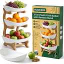 3 Tier large fruit bowl for Kitchen Countertop, Plastic Fruit Holder Rack with Bamboo Wood Stand,Tiered Fruit Stand, Fruit Basket for Kitchen Counter|Snack Organizer, Fruit Storage bowls
