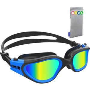 OMID Kids Swim Goggles, P2mini Polarized Swimming Goggles Comfortable for Age 6-14 (A9-mirrored Gold Lens Blackblue Frame)