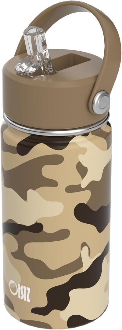 OISIZ Kids Water Bottle with Straw Lid 14oz, Vacuum Insulated 316 Stainless Steel Water Bottles for Kids for School, Leakproof Water Bottle, BPA Free and Keep Cold for 24 Hours (Army camouflage)