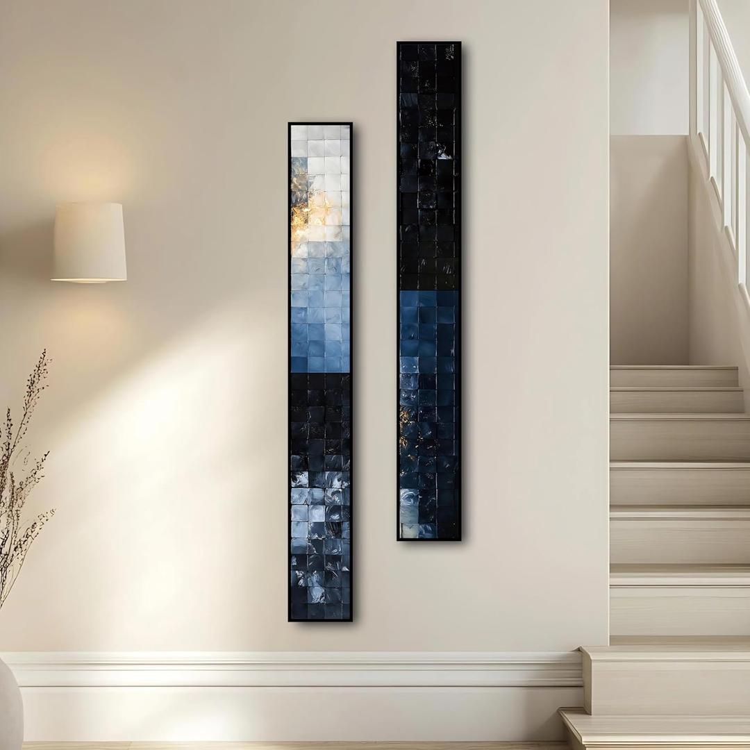 Large 10x63 Inch Wall Art Framed Long Vertical​ Set of 2, Abstract Neutral Beige Brown Canvas Prints, Modern Minimalist Ready to Hang for Entryway, Hallway, Living Room (Deep Blue Gradient Square, 63"L x 10"W)