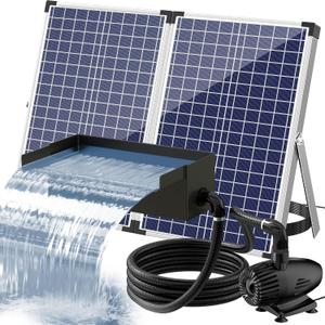 POPOSOAP 70W Solar Water Pump with Pond Waterfall Kit, 304 Stainless Steel Pond Waterfall Spillway, Pond Spillway with 9.8FT Corrugated Tubing for Garden Water Features-P5703