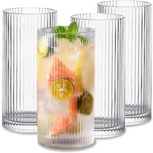 Glass Cups Vintage Glassware Set of 4 Large, Origami Style Transparent Cocktail Glasses Set, Bar Beverages Ice Coffee Cup Juice Ripple Drinkware, 12.5oz