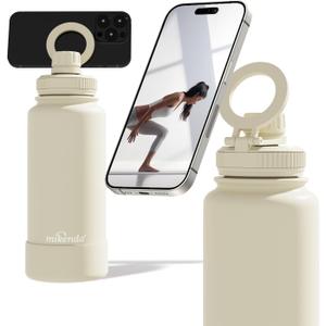 32oz Insulated Tumbler with Magnetic Phone Holder, Gym Water Bottle | Leak Proof Lid, 24hr Cold & 12hr Hot, Non-Slip Base | Travel Mug, Reusable & Eco-Friendly (cream white, 32, ounces)