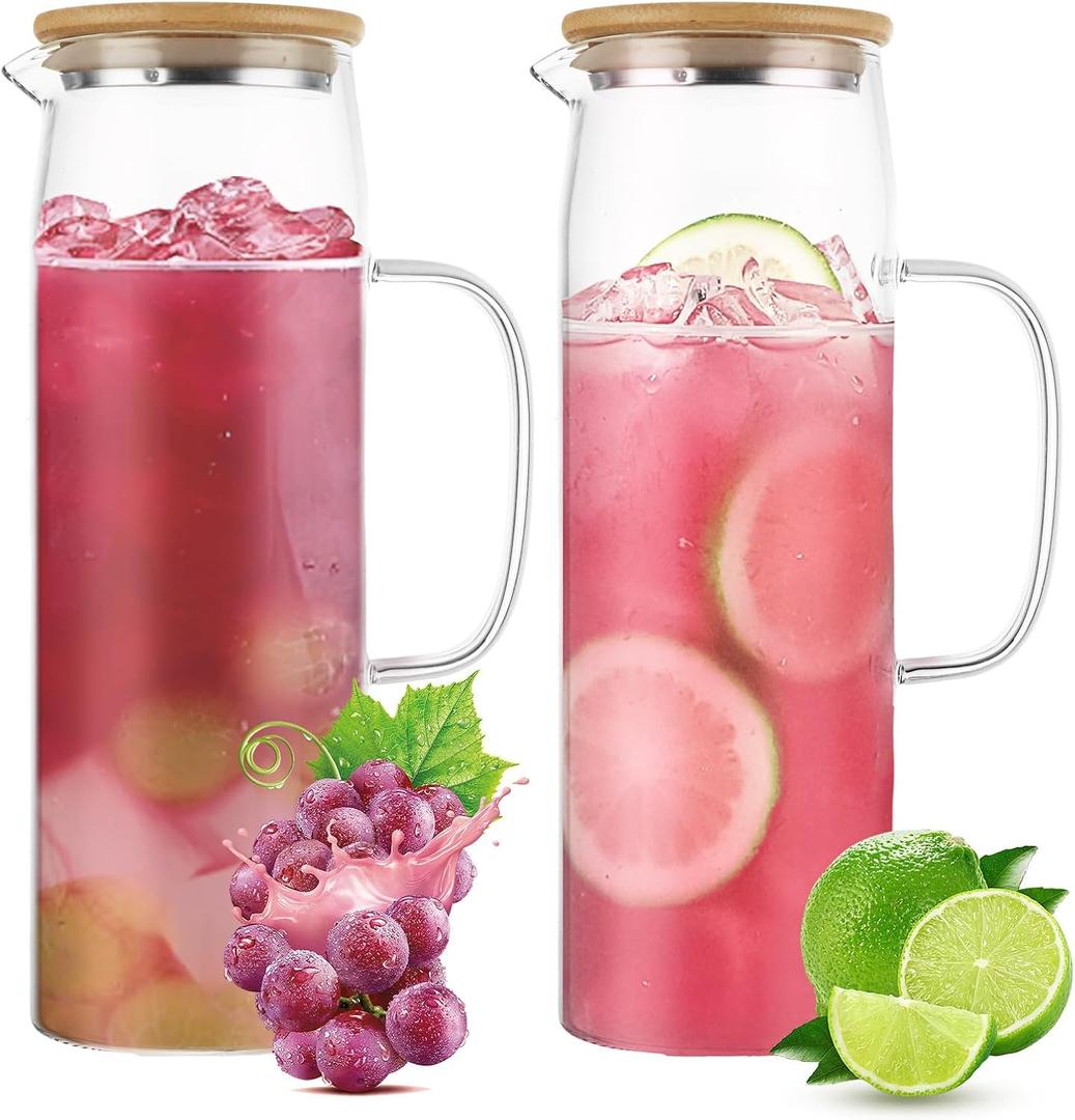 2 Pcs 52oz Glass Pitcher with Lid, Heat Resistant Borosilicate Glass Jug Glass Water Pitcher, Beverage Pitchers with Handles for Iced Tea, Milk, Coffee, Juice