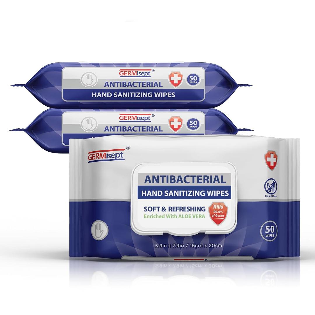 Germisept Antibacterial Hand Sanitizing Wipes Bulk Buy (50 Count x 3 Pack = 150 Wipes)