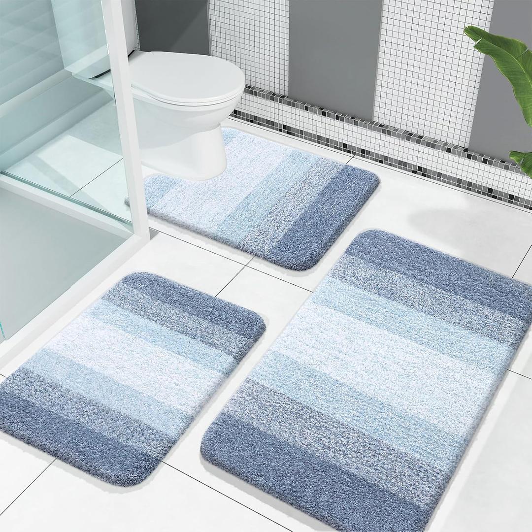 OLANLY Bathroom Rugs Sets 3 Piece, Soft Absorbent Microfiber Bath Mats and U-Shaped Contour Toilet Rug, Plush Shaggy Bath Mat Set for Bathroom (30"x20"+24"x16"+24"x20", Blue), 30" x 20" + 24" x 16" + U24" x 20"