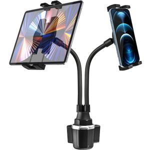 Cup Holder Tablet Mount for Car, [Double Device Clamp] Dual iPad Phone Car Mount with 10" Gooseneck Adjustable Arm for iPad Pro Air Mini, Galaxy Tabs, Z Fold, Fire HD, iPhone, 4.7-13" Devices