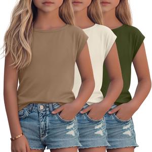 Oakgarden 3 Pack Girls' Cap Sleeve Shirts, 3-Color, 11-12 Years (Green)