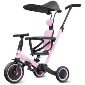 newyoo Tricycle for Toddlers 1-3, Toddler Bike, Birthday Gift and Toys for Girl and Boy, Push Trike with Handle and Canopy, 6 in 1 Baby Trike, Balance Bike, TR009, Pink
