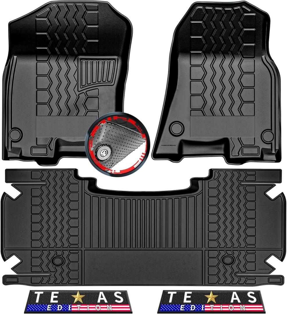 2019-2024 Dodge Ram 1500 New Body Crew Cab Floor Mats, 3D Custom Fit TPE Floor Liners for 1st & 2nd Rows, Anti-Slip All-Weather Odorless Rubber Mats with Detachable Weather Strips, Easy to Clean (Texas Edition (Style A))
