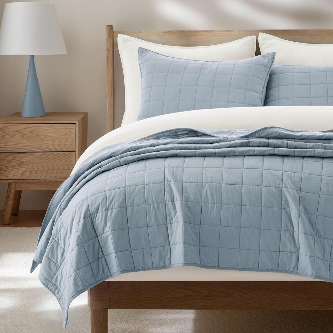 EVERGRACEHOME 100% Cotton Box Stitch Quilt Bedding Set King Size 3 Pieces, Garment-Washed Lightweight Soft Cozy Coverlet, Oversized Quilted Bedspread Sets with 2 Shams for All Season, Blue Linen | Box Stitch Design, 100% Cotton, Soft, Oversized, Pre Washed, Oeko-Tex Certified