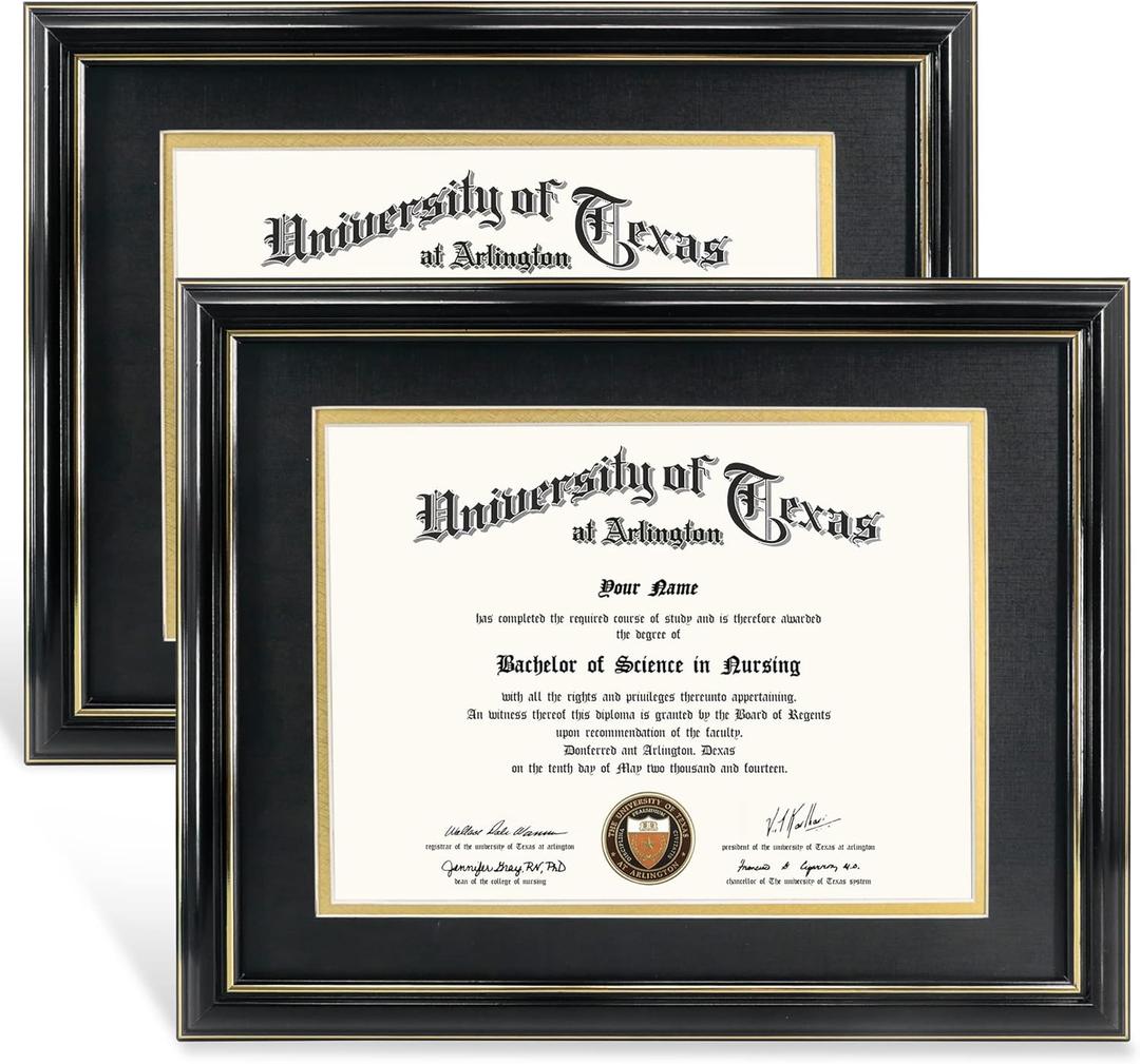 GraduationMall 8.5x11 Diploma Frame with Black over Gold Mat or Display 11x14 Certificate without Mat,Solid Wood & UV Protection Acrylic,Glossy Black Finish with Gold Trim,2 Pack