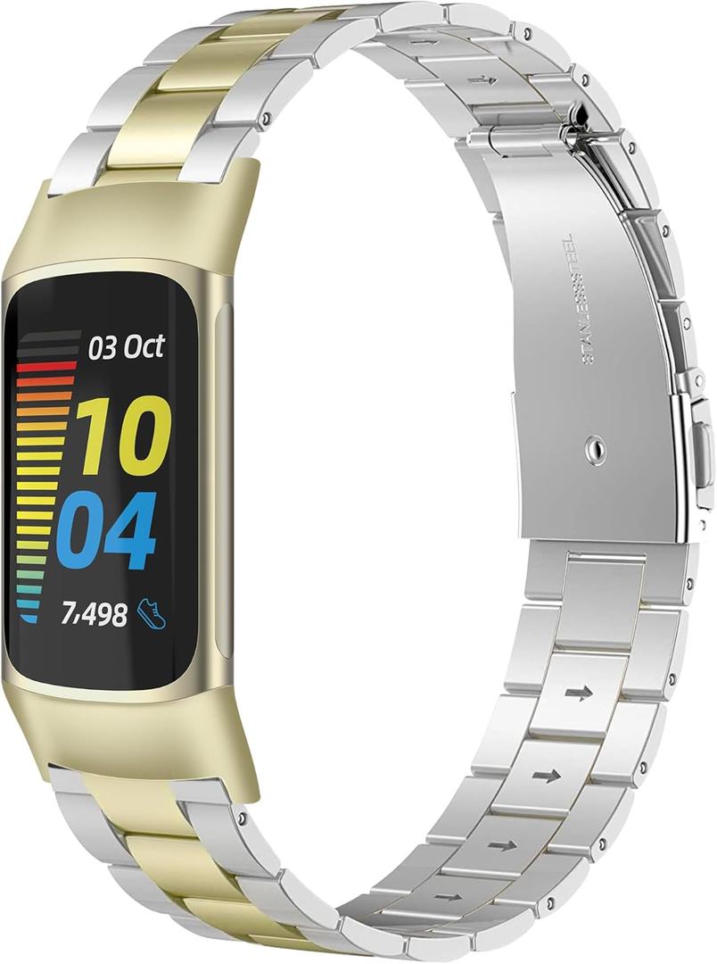 Wearlizer Compatible with Fitbit Charge 6/Charge 5 Bands for Women Men, Classic Stainless Steel Ultra-Thin Lightweight Replacement Straps Charge 6/Charge 5 Bands (Soft Gold+Sliver)
