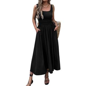 Mieazom Womens Boho Summer Maxi Dress with Pockets, Adjustable Waist, Sleeveless Casual Ruched Sundress for Beach Vacation (Black, XL)