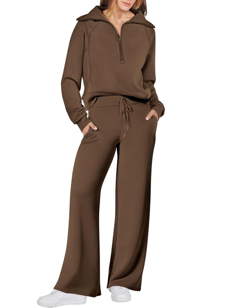 ANRABESS Womens 2 Piece Sweatsuits Turtleneck Sweatshirts Sweatpants Tracksuit Sets 2024 Fall Sweat Lounge Matching Outfits Brown Small