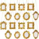 Chunful 16 Pcs Vintage Small Gold Resin Picture Frame Mini Antique Photo Frame Tiny Vintage Baroque Resin Oval Rectangle Hanging Ornament with Back and Chain for Home Wedding Holiday Decor