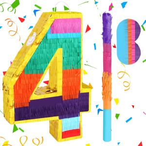 Rainbow Number 4 Pinata for Kids 4th Birthday Party Supplies, Fiesta, Centerpieces, Anniversary Celebrations (16.1 x 10.6 x 3.2 Inches)