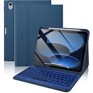 typecase Folio iPad 11th/10th Gen Keyboard Case (11" A16 2025 & 10.9" 2022) – Magnetic Wireless Detachable Keyboard, 7-Color Backlight, Thin & Light, Pencil Holder – Marine Blue