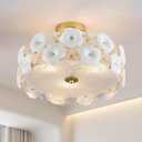16" Gold Flower Ceiling Light, Glass Semi Flush Mount Ceiling Light, 3-Light Modern Drum Chandelier Ceramic Pendant Lighting for Kitchen, Dining Room, Living Room, Bedroom, Closet, Hallway, Entryway
