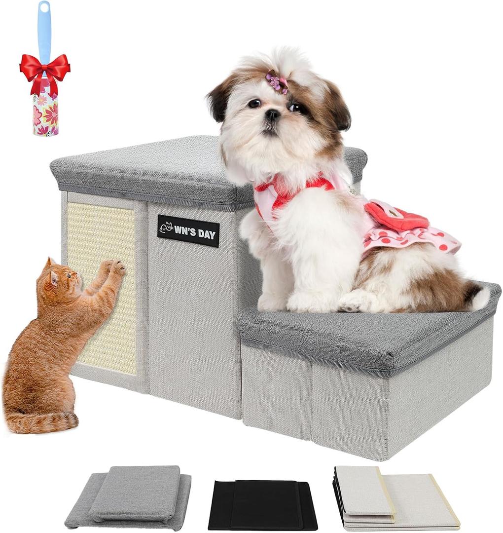 Dog Stairs for Bed Couch Folding with Storage, Dog Stairs for Small Dogs to Get On Bed with Cat Condo, Steps for Large Medium Dogs, Old Cat Pet Stair Steps for High Beds 13" H, Pet Ramp Up to 220LBS (Grey)