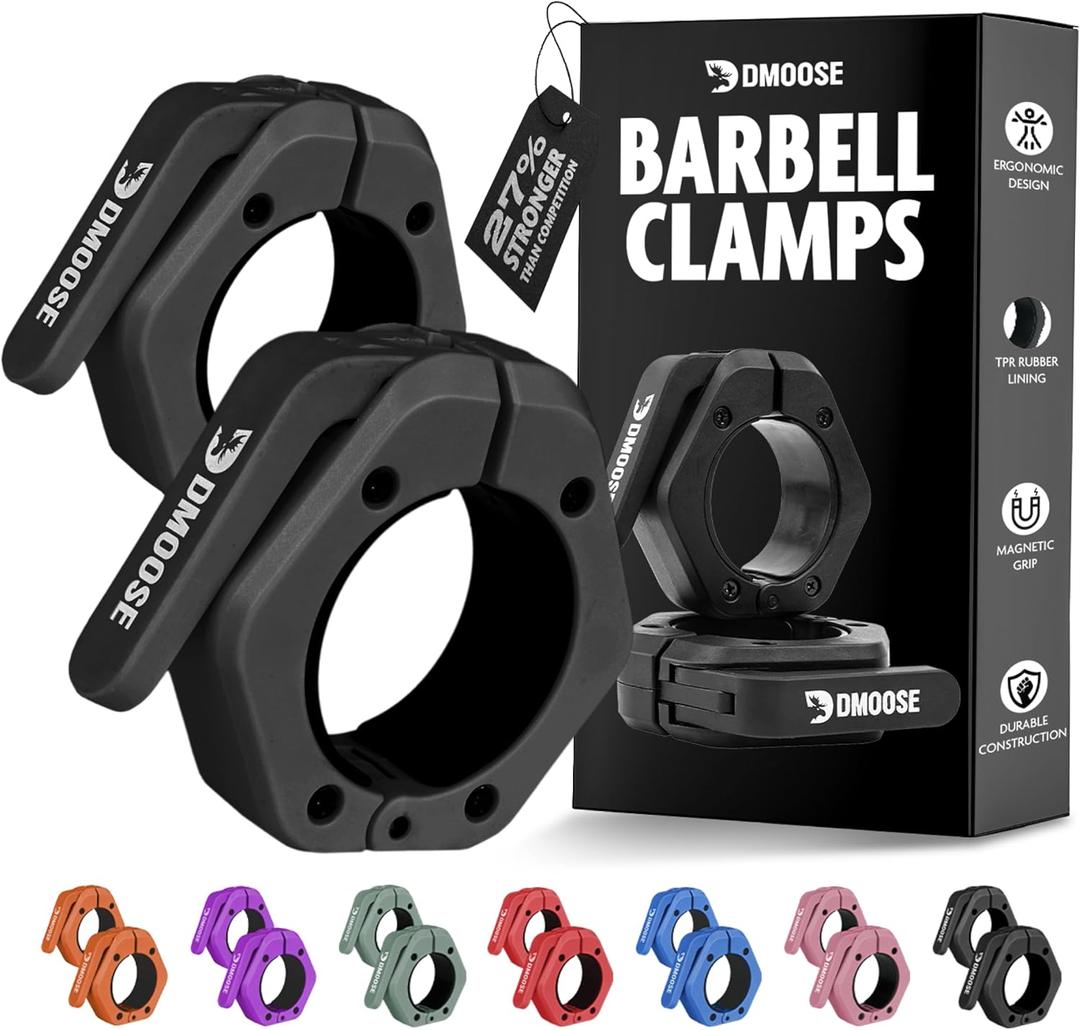 DMoose Fitness Barbell Clips 2" (Pair) - Quick Release Olympic Barbell Clamps with Anti Slip TPR Lining - Barbell Collars for Secure Weightlifting & Powerlifting - Weight Clips for Bars at Home or Gym (Black)