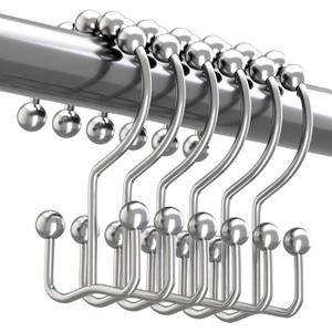 Titanker Shower Curtain Hooks Rings, Rust-Resistant Metal Double Glide Shower Hooks for Bathroom Shower Rods Curtains, Set of 12 Hooks - Chrome