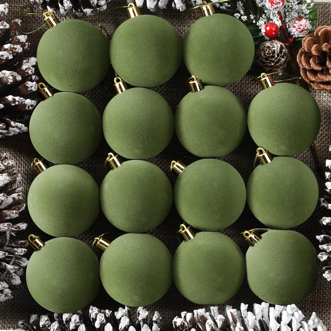 OCTERIC 30 Pcs 2.4 Inches Velvet Christmas Ball Ornaments, Shatterproof Green Flocked Bulbs Decorations Set, Retro Decorative Hanging Plastic Ornaments for Xmas Tree Holiday Party Dcor