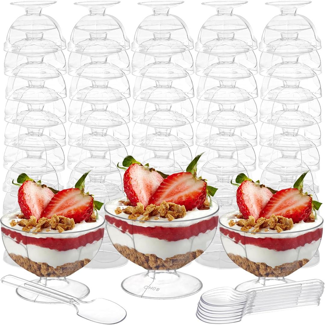 Hacaroa 50 Pack Plastic Dessert Cups Short Stem Cups with Spoons, 4 Oz Mini Parfait Appetizer Cup, Clear Disposable Ice Cream Bowls Mousse Cups for Party, Wedding, Picnic
