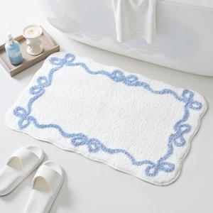 TRUEDAYS Blue Scalloped Bath Mat - Cute Bow Bathroom Rugs Small Non Slip Bath Mat, Soft & Absorbent Bath Rugs for Bathroom Decor, Tub, Vanity Floor (32*20 Inches)