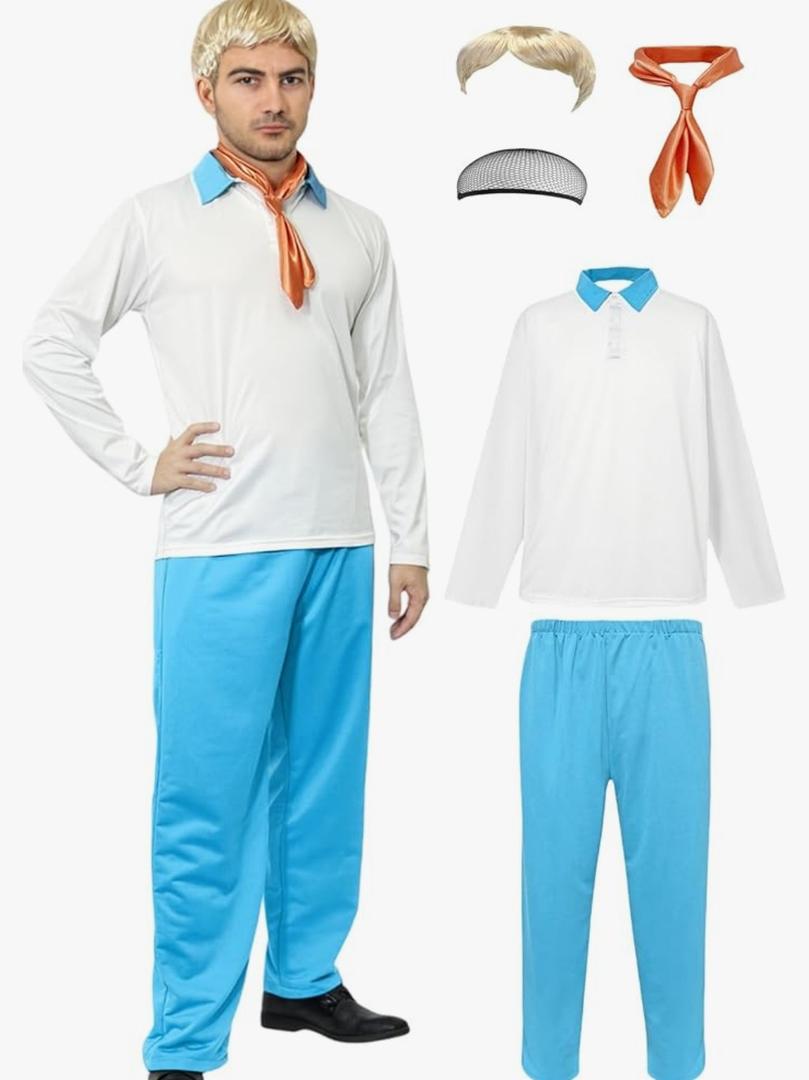 Apragaz Adult Halloween Costume for Men – White Long-Sleeve Shirt, Blue Pants, Orange Ascot Mens Blonde Wig Wig Cap, Size M
