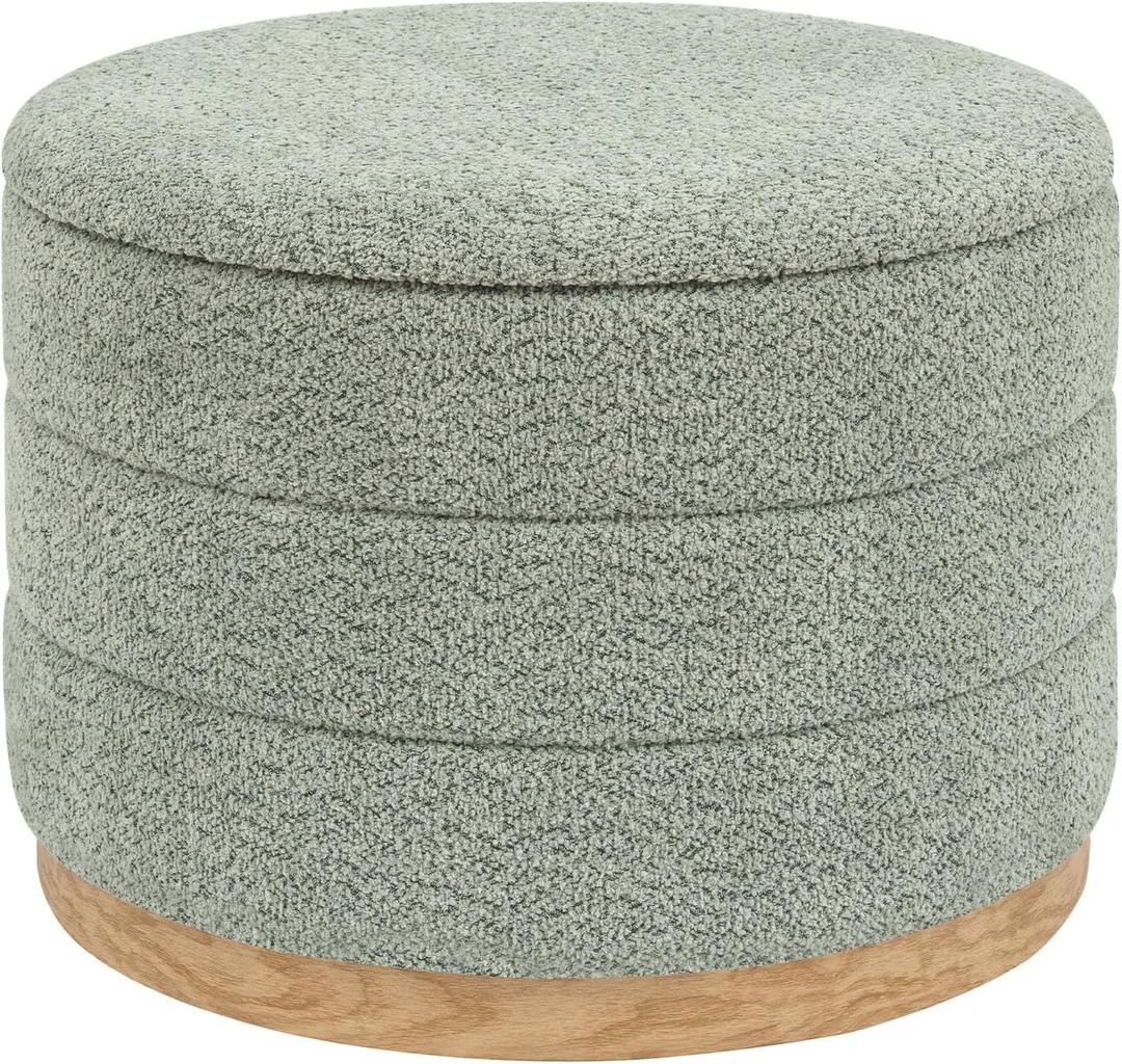Round Storage Ottoman with Tray Lid, Folding Chenille Fabric Footrest with Hidden Storage, 22.8" Large Footstool Side Table for Dorm Living Room Bedroom, Wood Grain Base, Sage Green, 23"D x 23"W x 17"H