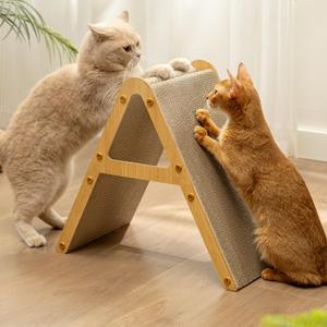 A-Frame Cat Scratching Board, Recycled Cardboard & Wood Frame, Dual-Sided Vertical Horizontal Cat Scratcher for Indoor Kittens, Space-Saving Furniture Protector for Sofa Walls, Light Wood