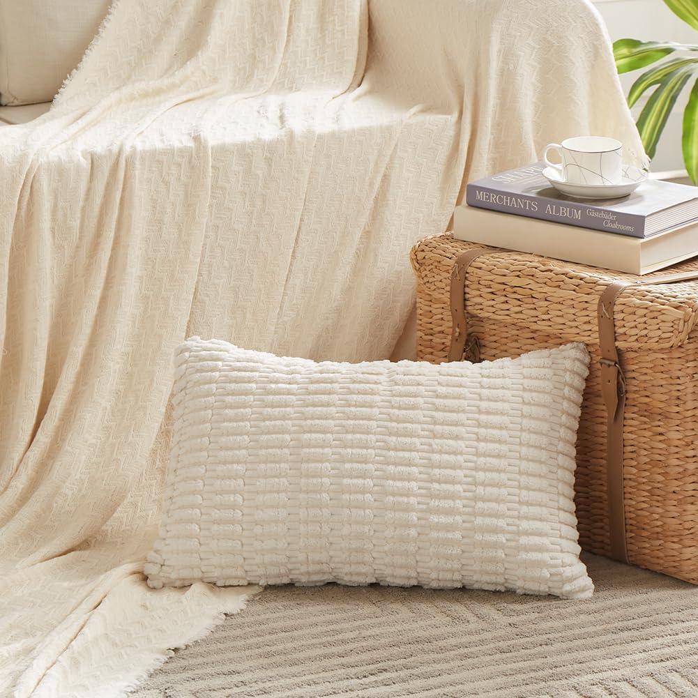 Fancy Homi Cream Lumbar Decorative Throw Pillow Covers 14x24 Inch for Living Room Couch Bed Sofa, Rustic Farmhouse Boho Home Decor, Soft Striped Corduroy Rectangle Cushion Case 35x60 cm