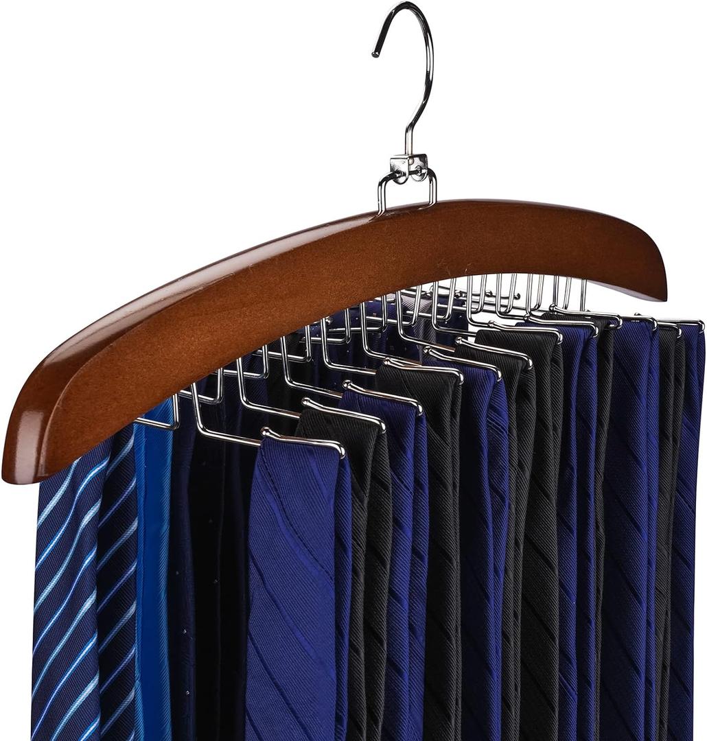 Tie Rack Tie Hanger 24 Hooks Wooden, Tank Top Hanger,Belt Organizer for Closet,with Upgraded 360Rotating, Belts Scarves Accessories for Bras,Tank Tops,Camisoles (Walnut)