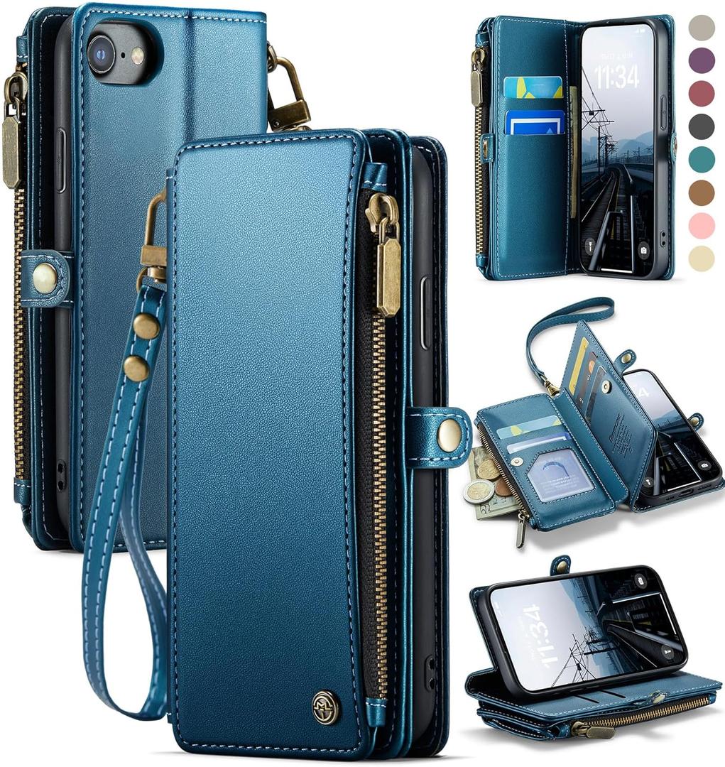 Defencase Compatible with iPhone SE 2020 2022 Case Wallet with RFID Blocking Card Holder for Women Men, PU Leather Magnetic Snap Flip Zipper Strap Wallet Phone Case Fit for iPhone SE/7/8, Dark Blue