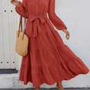 dowerme Women's Long Sleeve Dress 2026 Button Down Belted A-Line Flowy Spring Outfits Ruffle Maxi Holiday Party Dresses (S)