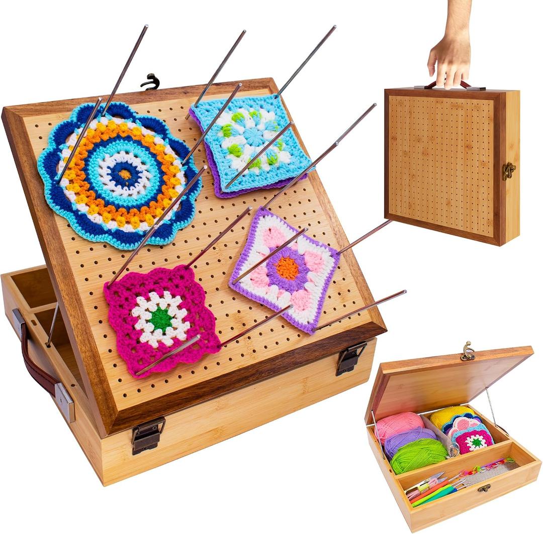 OCPO HOME 15" Crochet Blocking Board with Drawer & 20 Pegs, Granny Square Blocking Board Kit, Blocking Boards for Crochet Projects, Ideal Crocheting Gifts for Crocheters