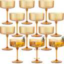 12 PCS Ribbed Coupe Glasses Amber Plastic Champagne Coupe Cup 10oz Detachable Gold Rim Espresso Martini Glass Vintage Margarita Glassware Cocktail Glass Disposable for Thanksgiving Wedding