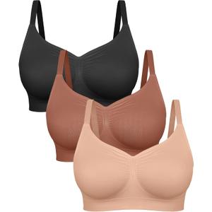 FeelinGirl Bras for Women Wireless Bralettes No Underwire Unlined Seamless Everyday Bras 3-Pack (Large, Black/Sienna/Nude)