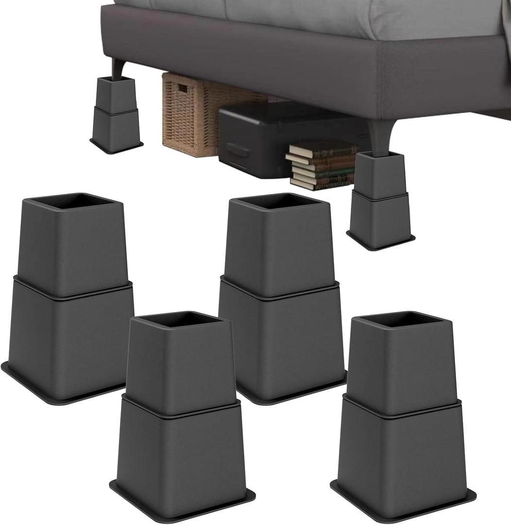 Heavy Duty Bed Risers - Set of 4 Adjustable Furniture Risers, Elevation Heights of 3, 5 & 8 Inches, Supports Up to 1,300 lbs for Bed, Couch, Table & Chair(Grey)