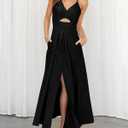 BTFBM Women 2025 Summer Spaghetti Strap Midi Dress Sleeveless V Neck Cutout Slit Casual Beach Party Maxi Dresses Pockets (Black, S)