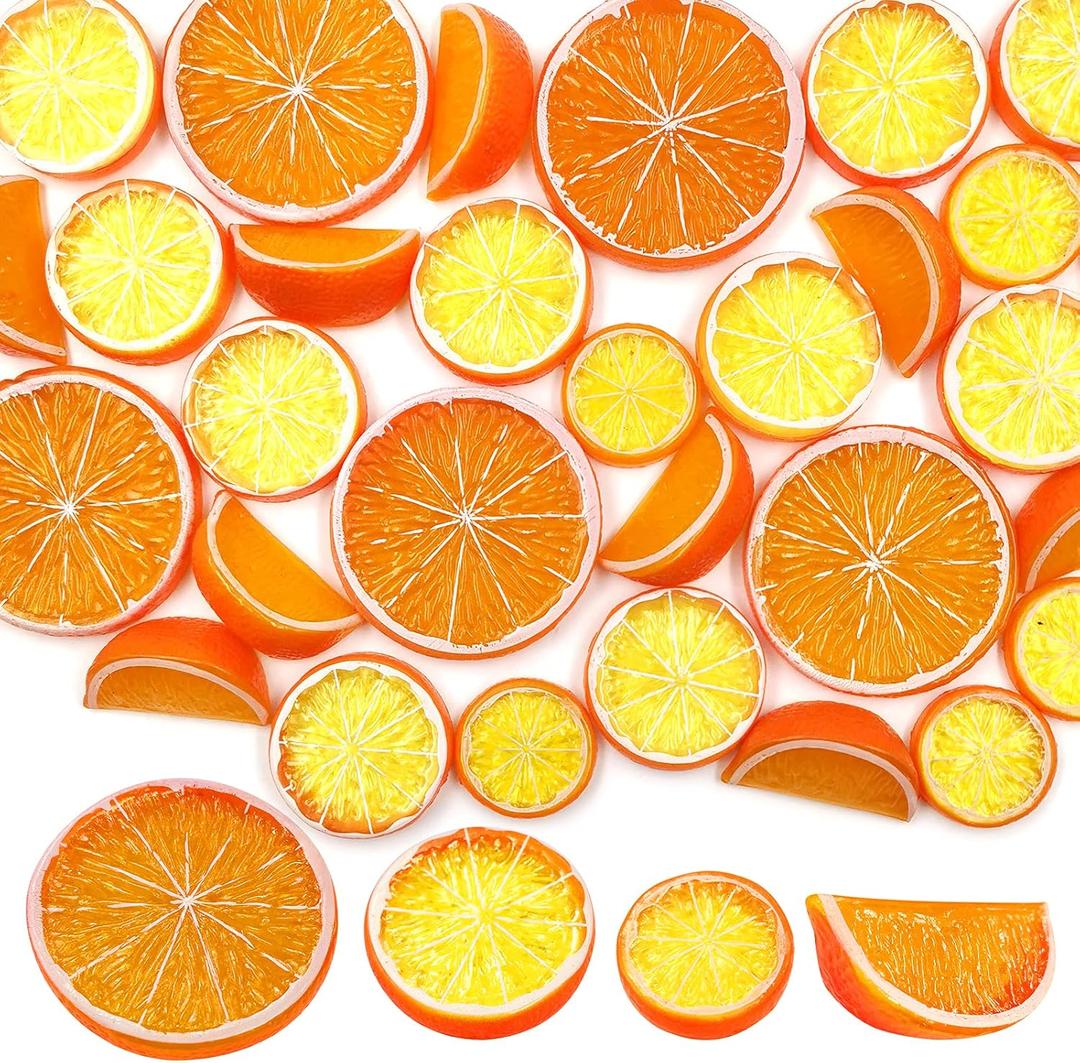 SNAIL GARDEN 30Pcs Artificial Lemon Slices Blocks, 20Pcs Simulation Lime Slice+10Pcs Fake Lemon Block-Double Side Decorative Fake Fruit Model for Party Photo Props DecorationOrange