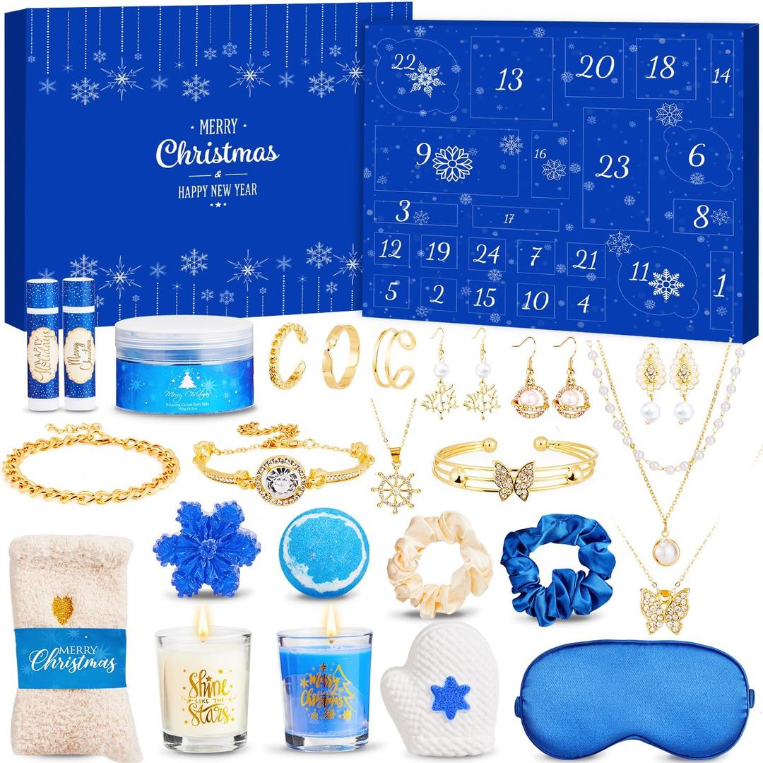 Self Care Advent Calendar 2025 for Teen Girls Adult Women, 24 Day Gold Jewelry Advent Calendar and Relaxing Spa Gifts Christmas Countdown Gifts for Wife Girlfriends Daughter