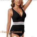 Buauty Women's One Piece Swimsuits Tummy Control Bathing Suits for Womens Color Block Drawstring V Neck Slimming Swimwear 2XL
