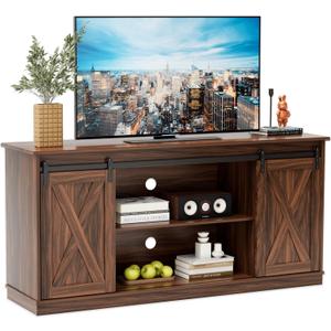 Sweetcrispy Farmhouse TV Stand 65 Inch for Living Room Bedroom Brown, Tall Entertainment Center with Storage Shelves, Media Console Cabinet with Wood Board, 300 LBS Capacity and Sliding Barn Door (56.8" x 14.3" x 27.6")